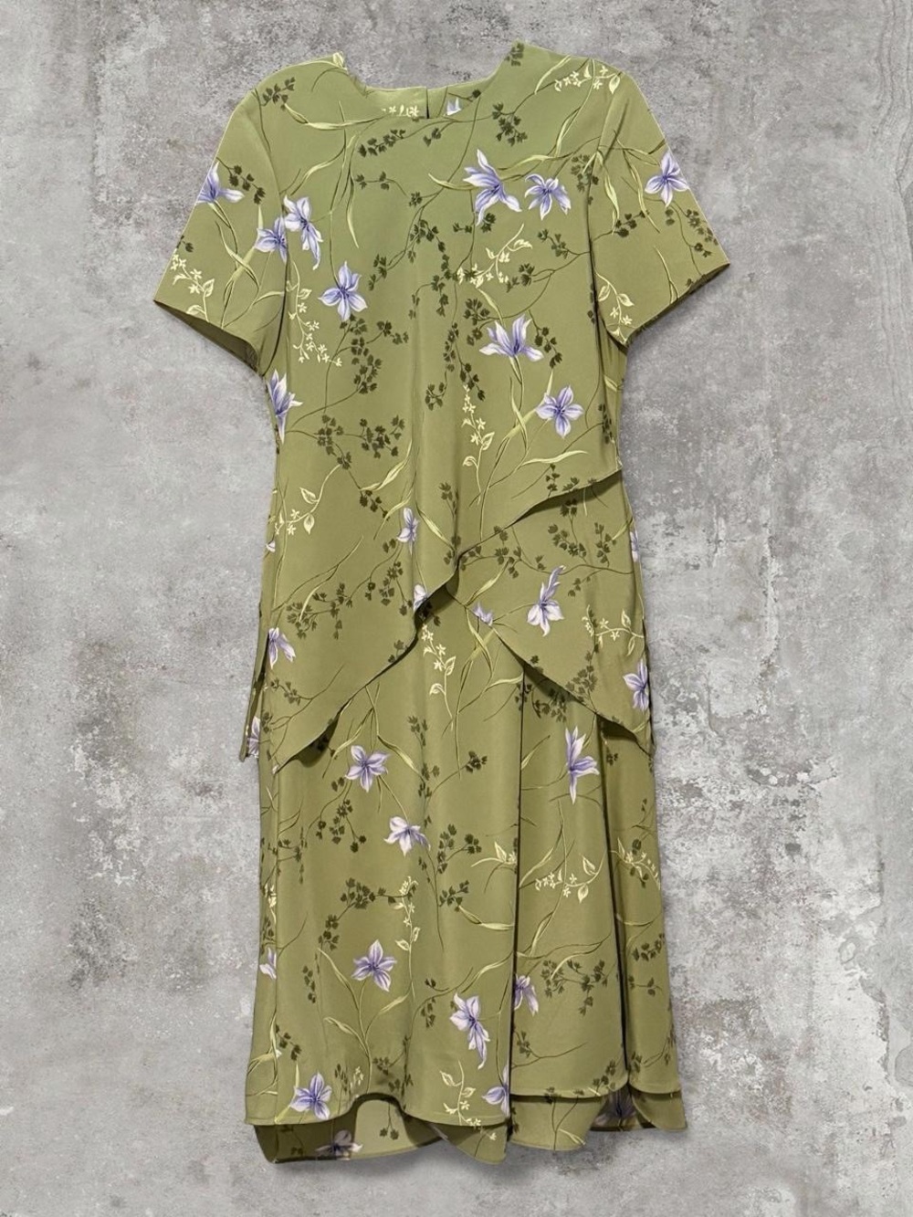 Olive Green Floral Layered Midi Dress